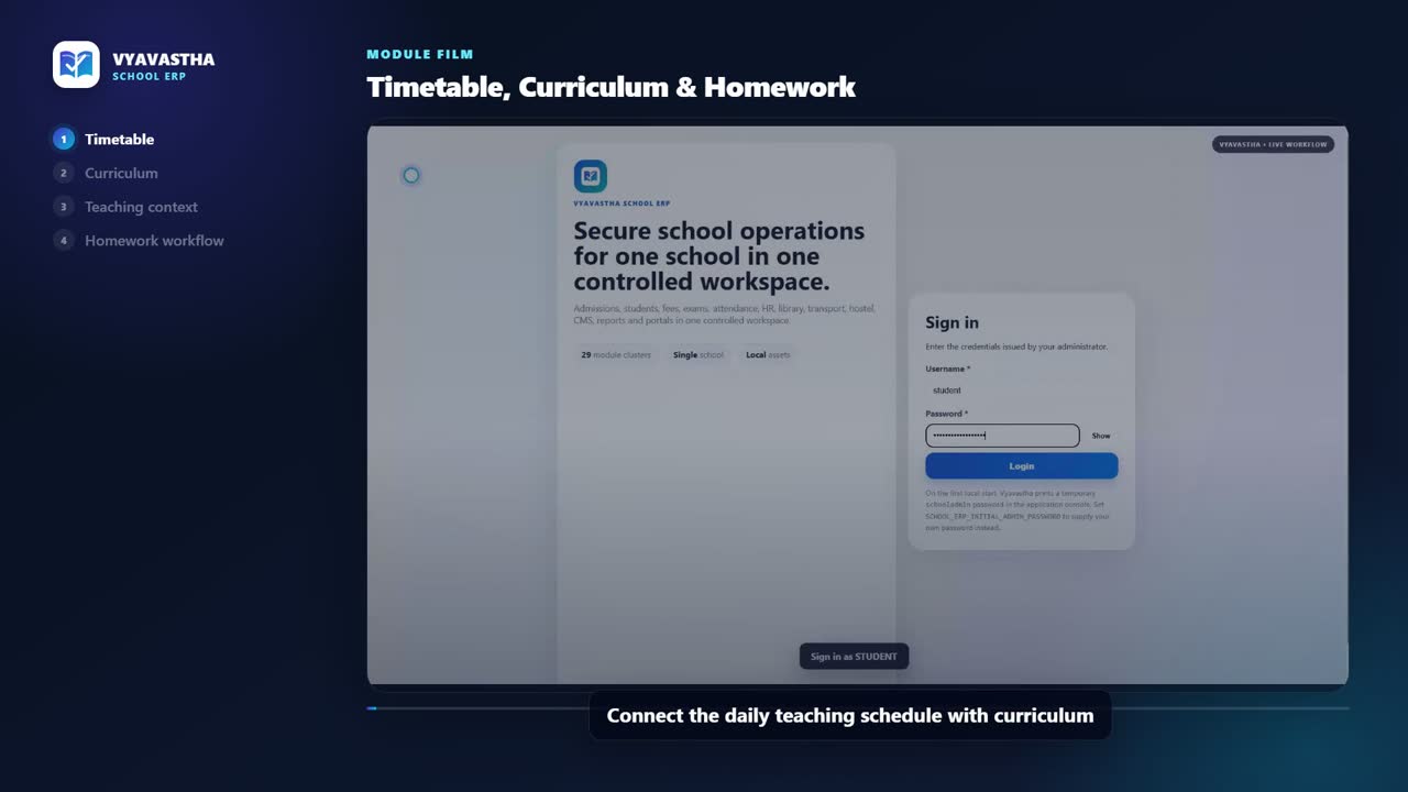 Vyavastha Timetable Curriculum and Homework interface